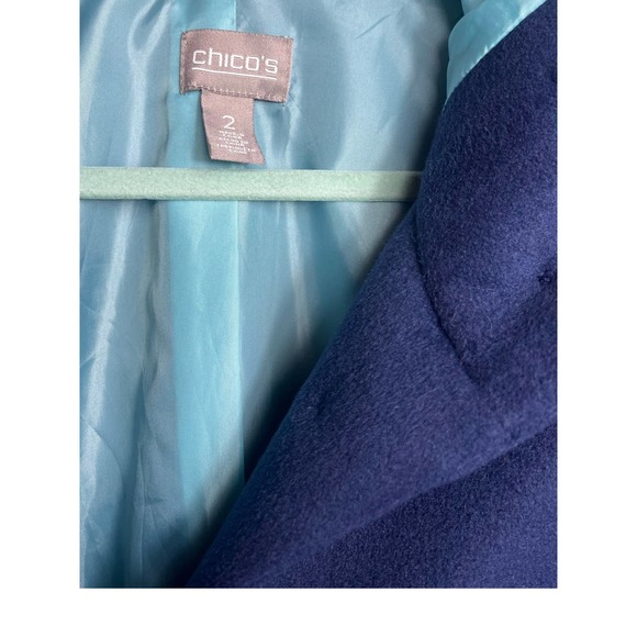 Chico's Hooded Coat, Faux-Wool Winter Mid Jacket | Size 2 (Large) | Navy Blue - Picture 3 of 10